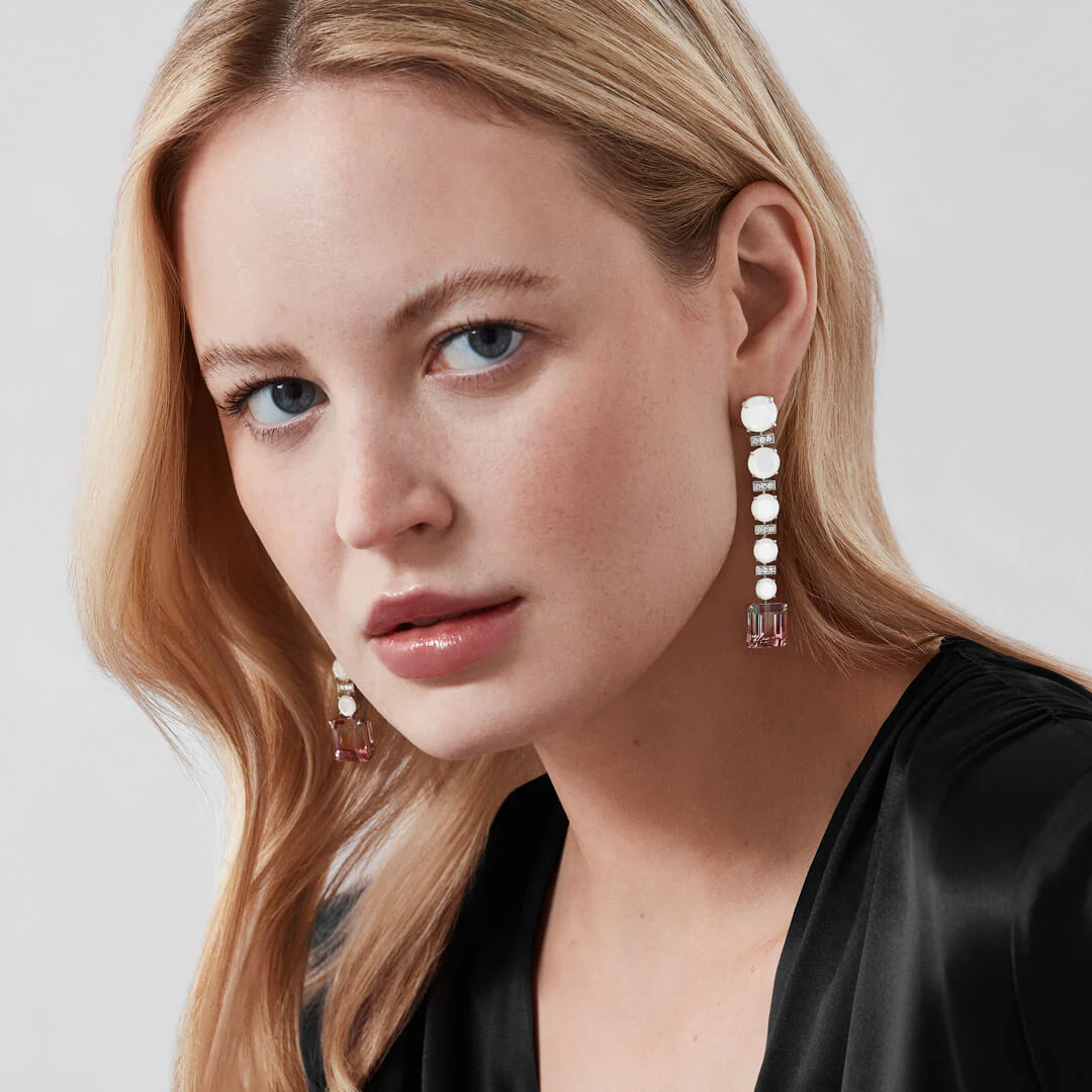 Couture Desert Rose Panel Earrings | In 18ct White Gold with Tourmalines, Diamonds, Pink Sapphires and Mother of Pearl - Image 4