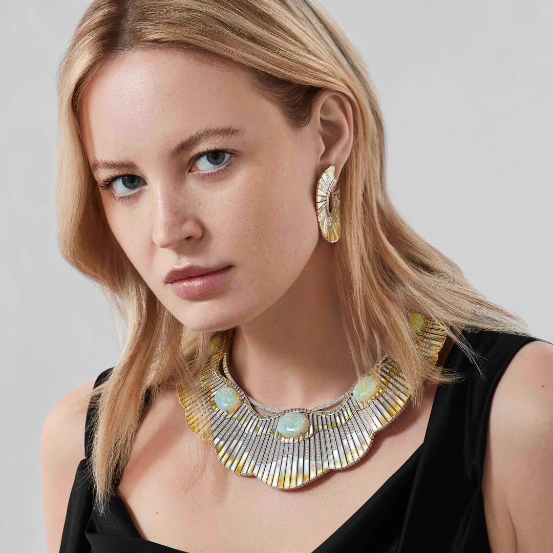 Couture Northern Lights Earrings | In 18ct White Gold with Sapphires, Tsavorites, Diamonds and Mother of Pearl - Image 4