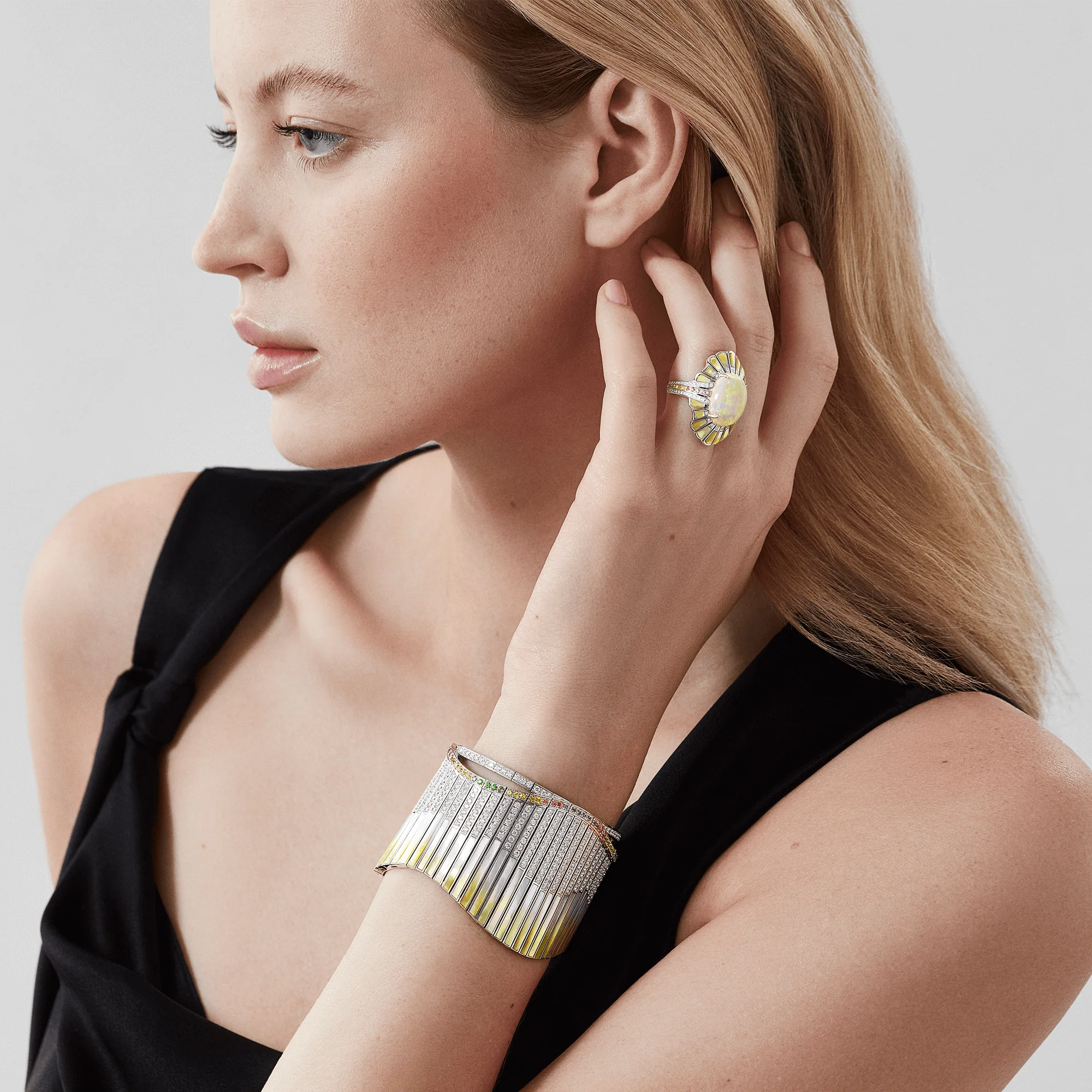 Couture Northern Lights Earrings | In 18ct White Gold with Sapphires, Tsavorites, Diamonds and Mother of Pearl - Image 5