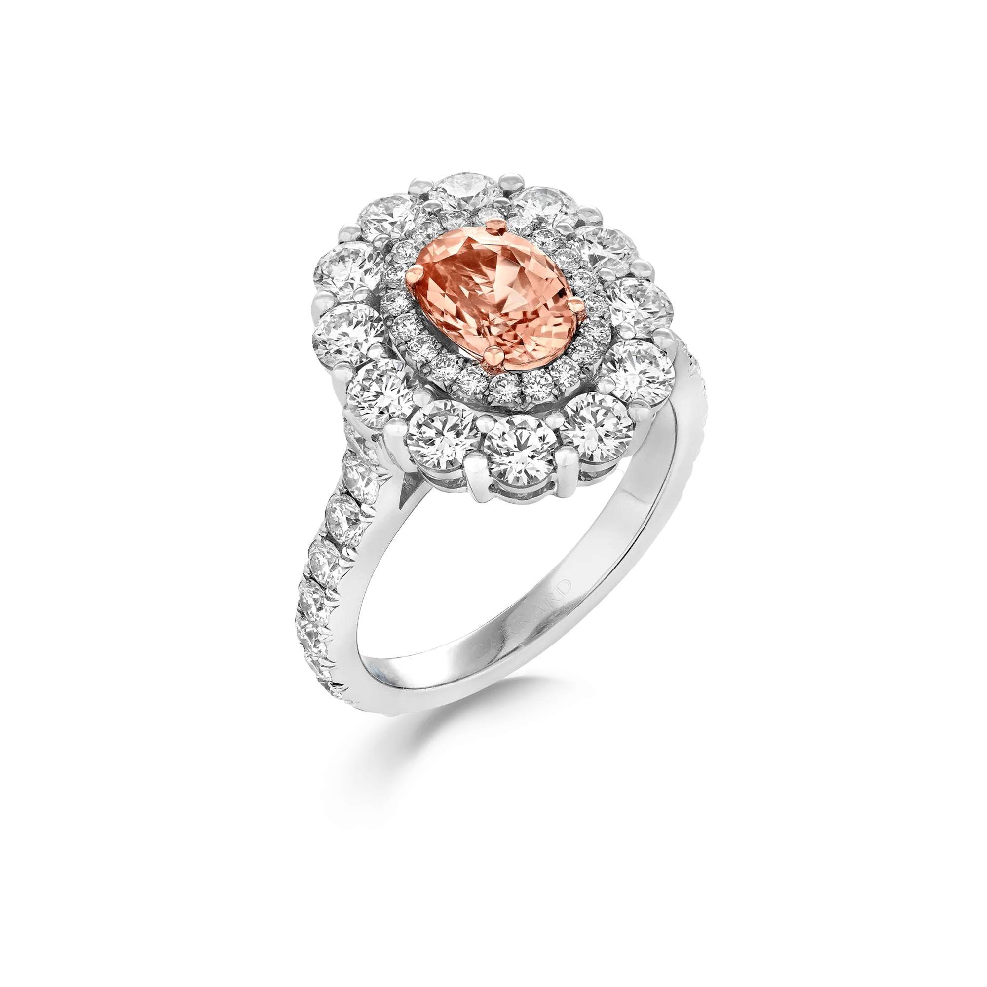 Jewelled Vault 3.09ct Oval Padparadscha Sapphire and Diamond 1735 Double Cluster Ring | In Platinum - Image 3