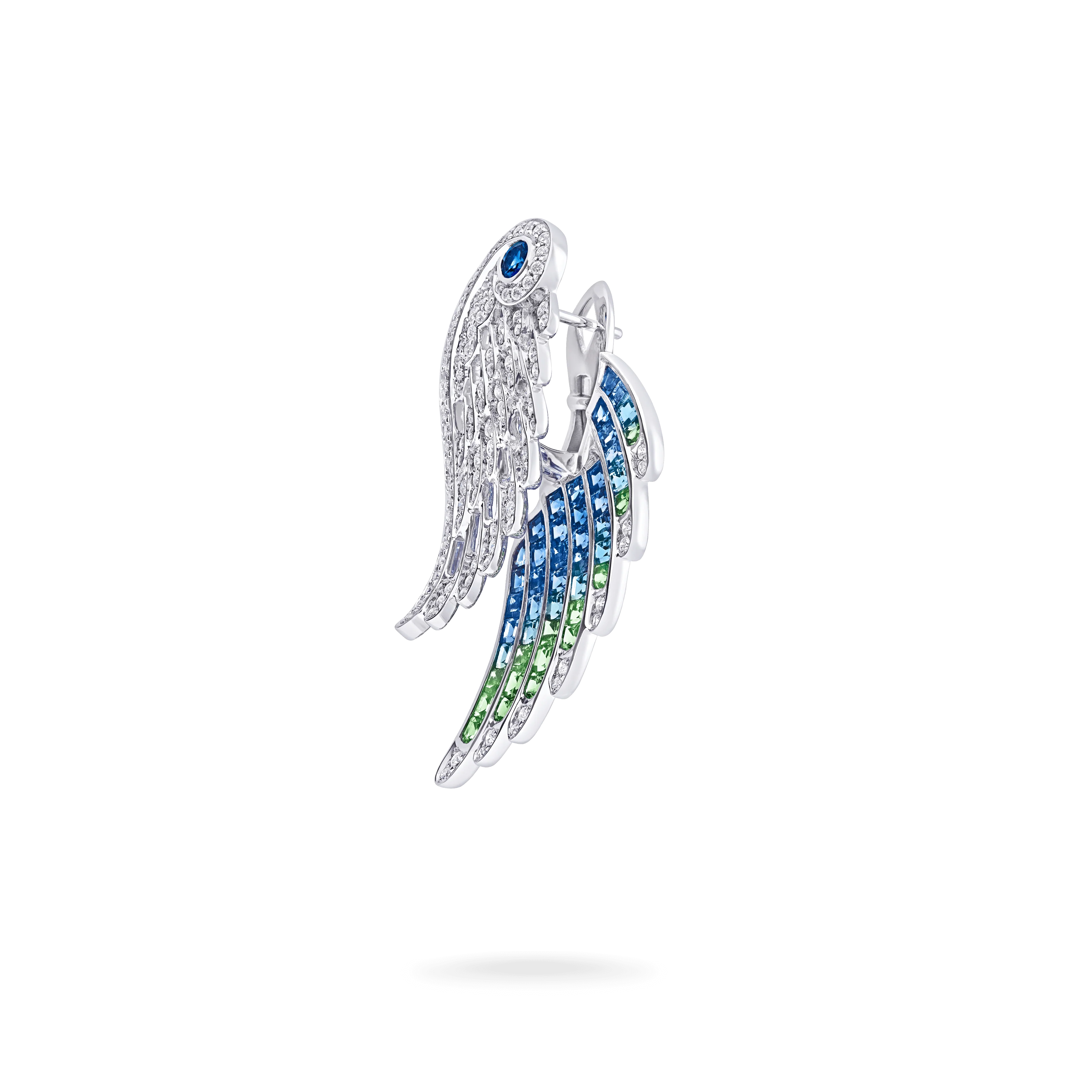 Wings Embrace Peacock Drop Earrings | In 18ct White Gold with Diamonds, Sapphires, Tsavorites and Aquamarines - Image 3