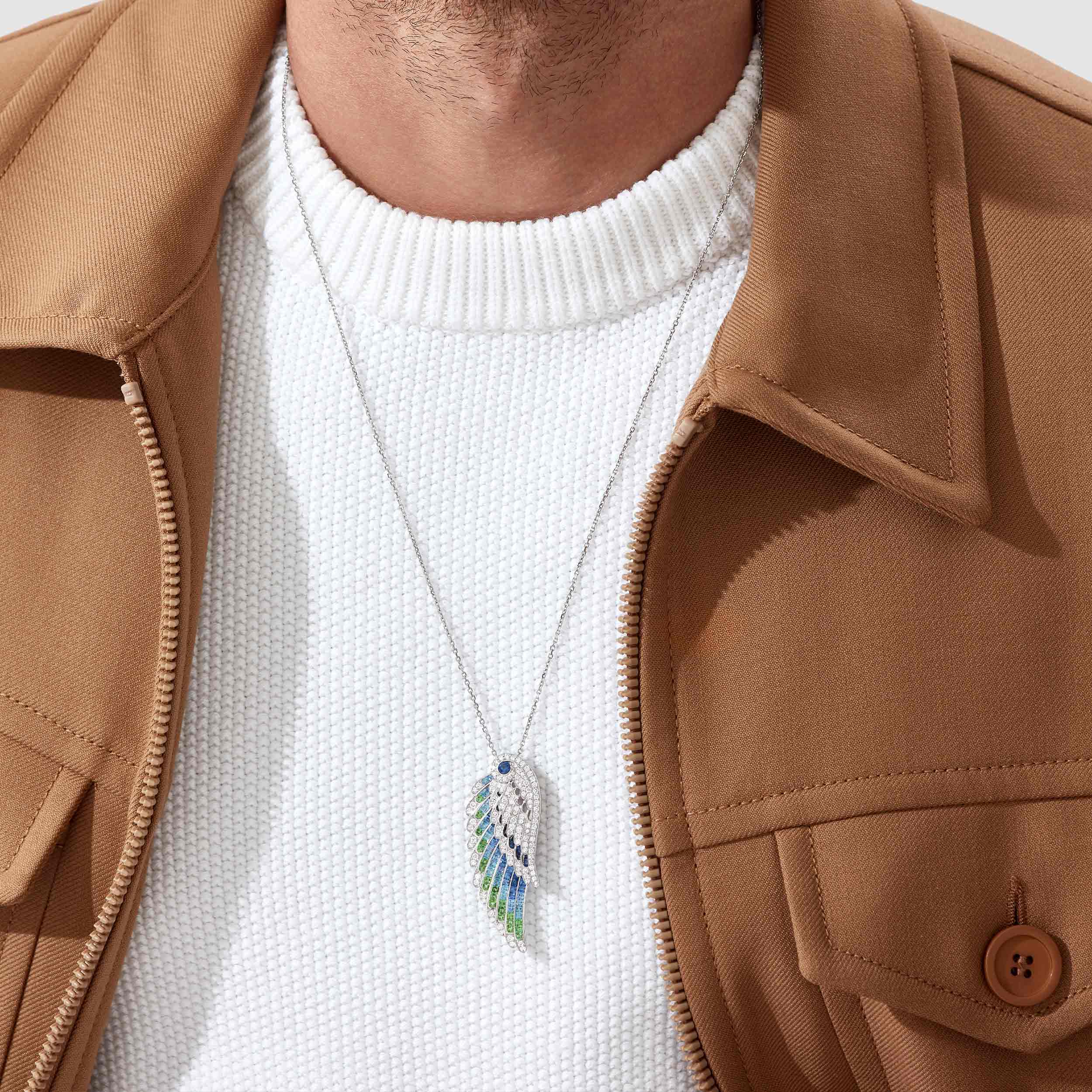 Wings Embrace Peacock Slider Pendant | In 18ct White Gold with Diamonds, Sapphires, Tsavorites and Aquamarines - Image 3